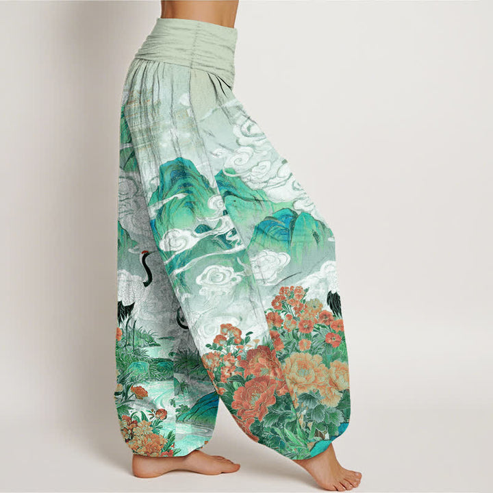 Buddha Stones Cotton Crane Stream Flower Pattern Women's Elastic Waist Harem Pants - image 10