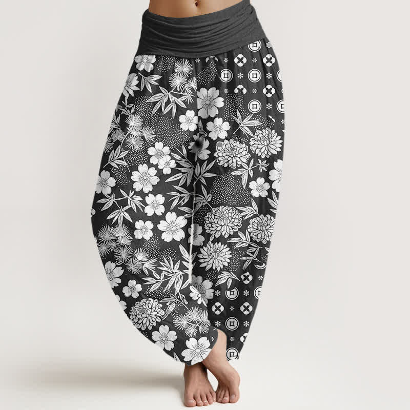 Buddha Stones Cotton Bohemian Floral Geometry Coins Pattern Women's Elastic Waist Harem Pants - Black - US16，UK/AU20，EU48 (3XL) - image 5