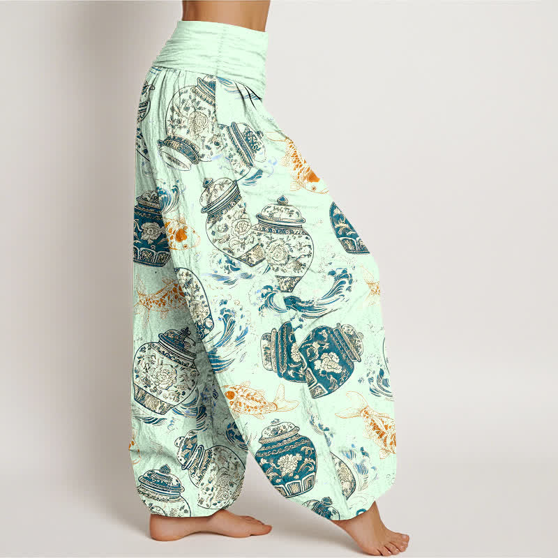 Buddha Stones Cotton Blue White Bottle Floral and Koi Fish Pattern Women's Elastic Waist Harem Pants - image 7