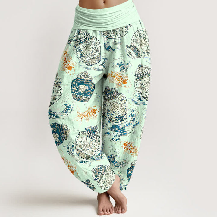 Buddha Stones Cotton Blue White Bottle Floral and Koi Fish Pattern Women's Elastic Waist Harem Pants - Honeydew - US16，UK/AU20，EU48 (3XL) - image 5