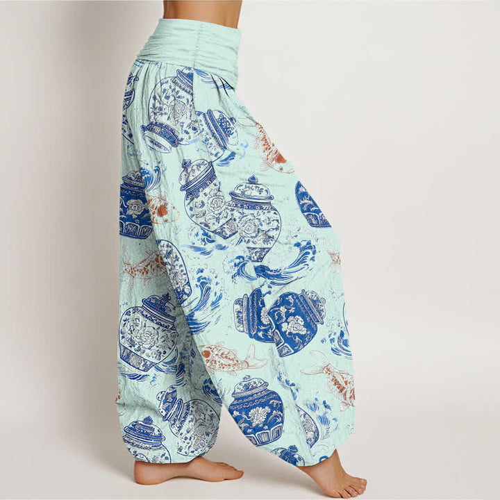 Buddha Stones Cotton Blue White Bottle Floral and Koi Fish Pattern Women's Elastic Waist Harem Pants - image 10