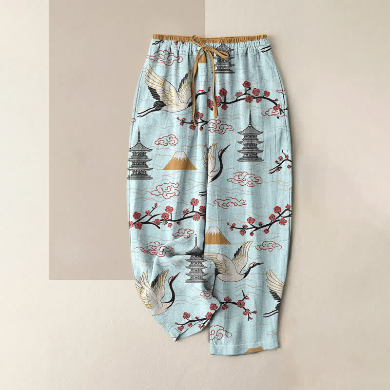 Buddha Stones Pure Cotton Serene Mountain Crane Pattern Women's Elastic Waist Pants With Pockets - LightBlue - US16，UK/AU20，EU48 (3XL) - image 3