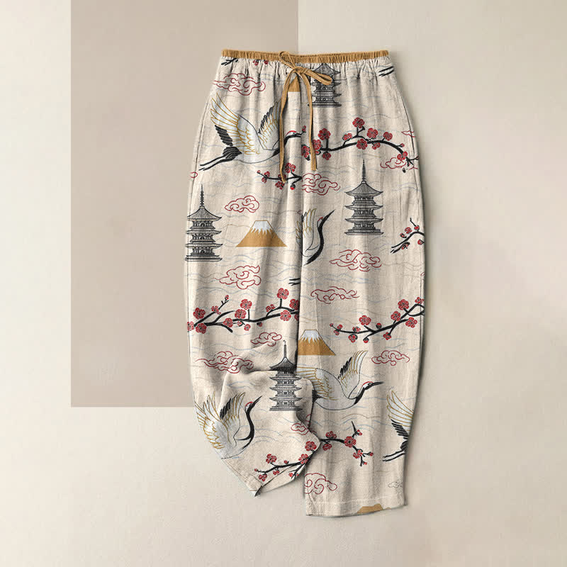 Buddha Stones Pure Cotton Serene Mountain Crane Pattern Women's Elastic Waist Pants With Pockets - Beige - US16，UK/AU20，EU48 (3XL) - image 4