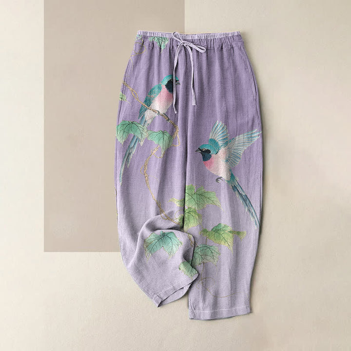 Buddha Stones Pure Cotton Elegant Bird Branch Pattern Women's Elastic Waist Pants With Pockets - Lavender - US16，UK/AU20，EU48 (3XL) - image 4