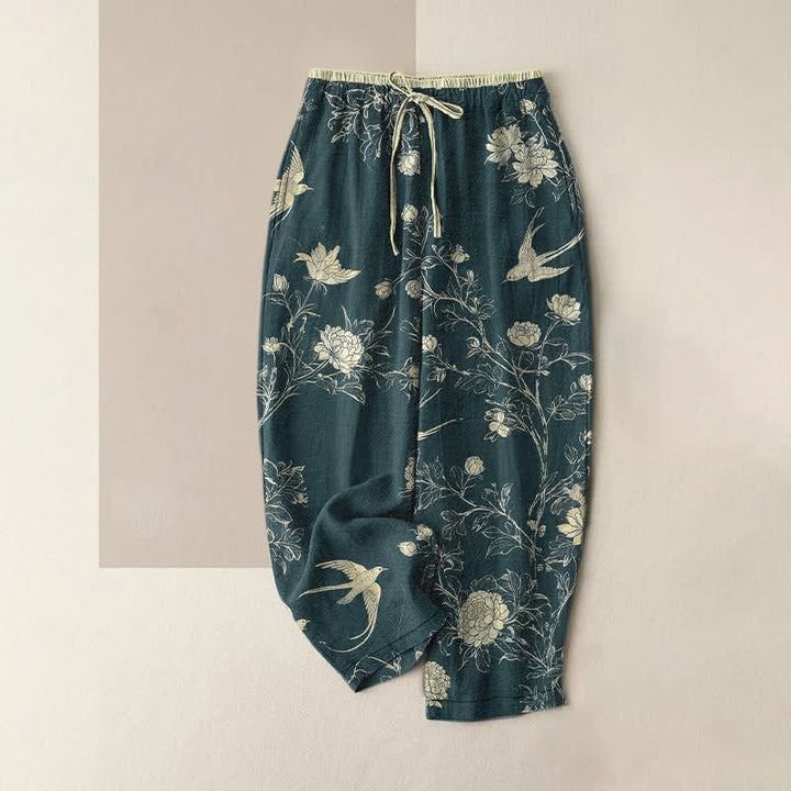 Buddha Stones Pure Cotton Botanical Bloom Bird Pattern Women's Elastic Waist Pants With Pockets - DarkCyan - US16，UK/AU20，EU48 (3XL) - image 4