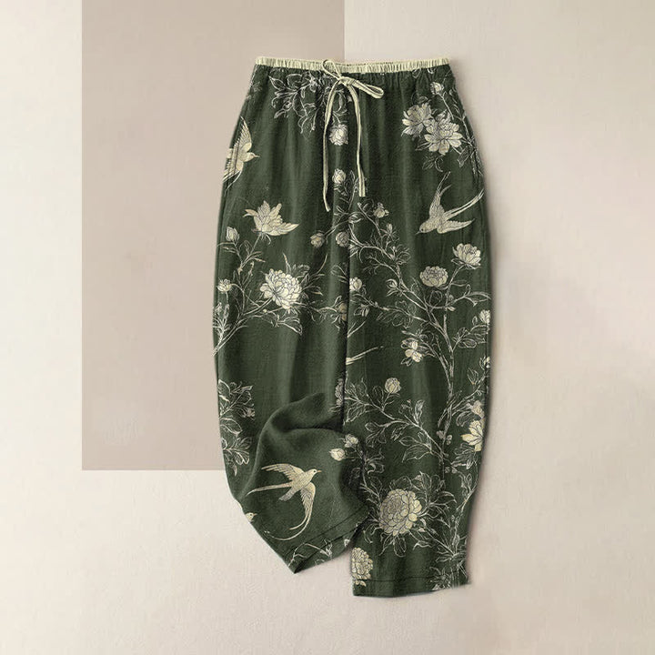Buddha Stones Pure Cotton Botanical Bloom Bird Pattern Women's Elastic Waist Pants With Pockets - DarkOliveGreen - US16，UK/AU20，EU48 (3XL) - image 5
