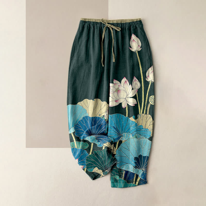 Buddha Stones Pure Cotton Serene Lotus Bloom Pattern Women's Elastic Waist Pants With Pockets -  	Teal  - US16，UK/AU20，EU48 (3XL) - image 0