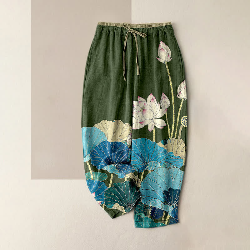 Buddha Stones Pure Cotton Serene Lotus Bloom Pattern Women's Elastic Waist Pants With Pockets - DarkOliveGreen - US16，UK/AU20，EU48 (3XL) - image 4