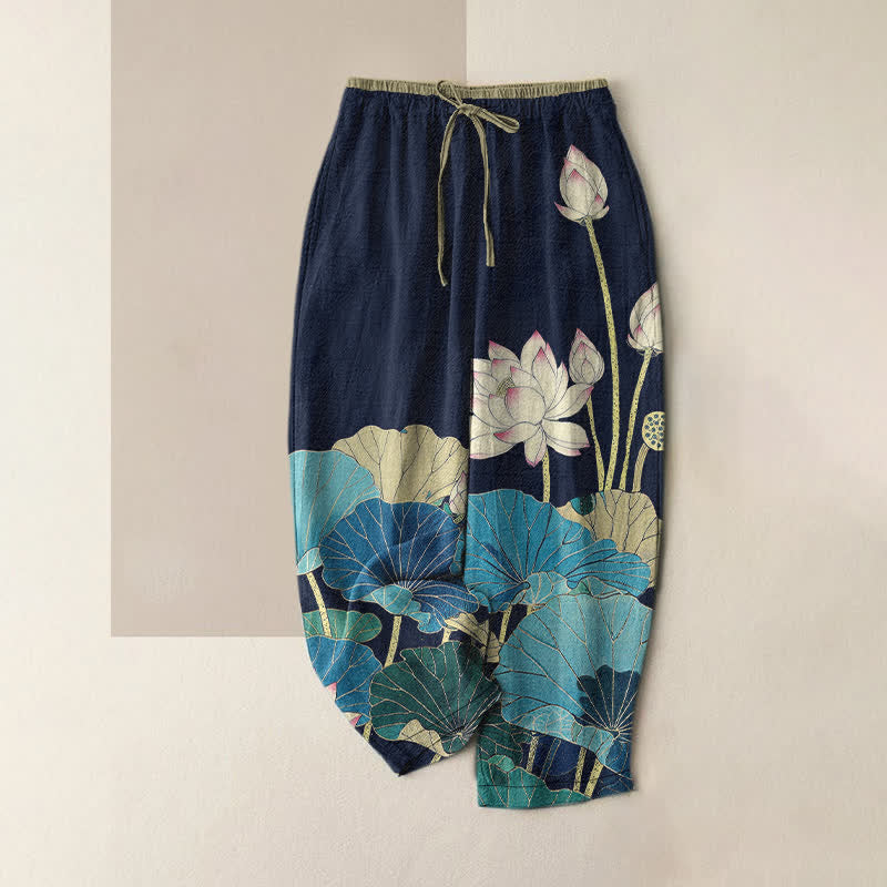 Buddha Stones Pure Cotton Serene Lotus Bloom Pattern Women's Elastic Waist Pants With Pockets - MidnightBlue - US16，UK/AU20，EU48 (3XL) - image 5