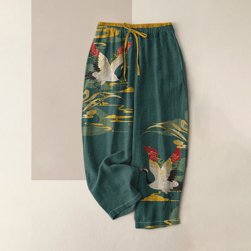 Buddha Stones Pure Cotton Crane And Cloud Pattern Women's Elastic Waist Pants With Pockets - Teal  - US16，UK/AU20，EU48 (3XL) - image 3