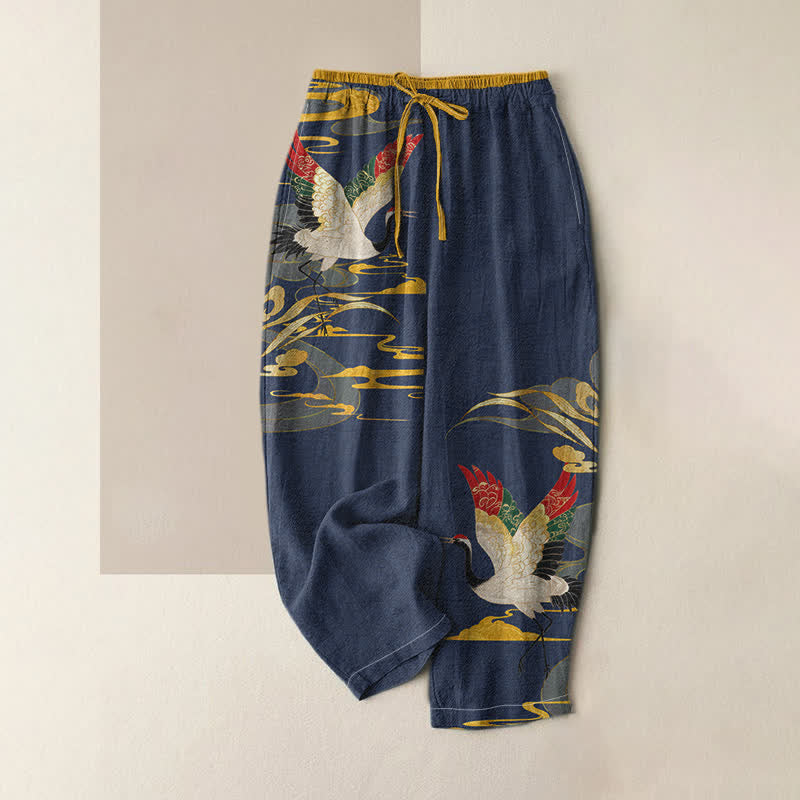 Buddha Stones Pure Cotton Crane And Cloud Pattern Women's Elastic Waist Pants With Pockets - Navy - US16，UK/AU20，EU48 (3XL) - image 4
