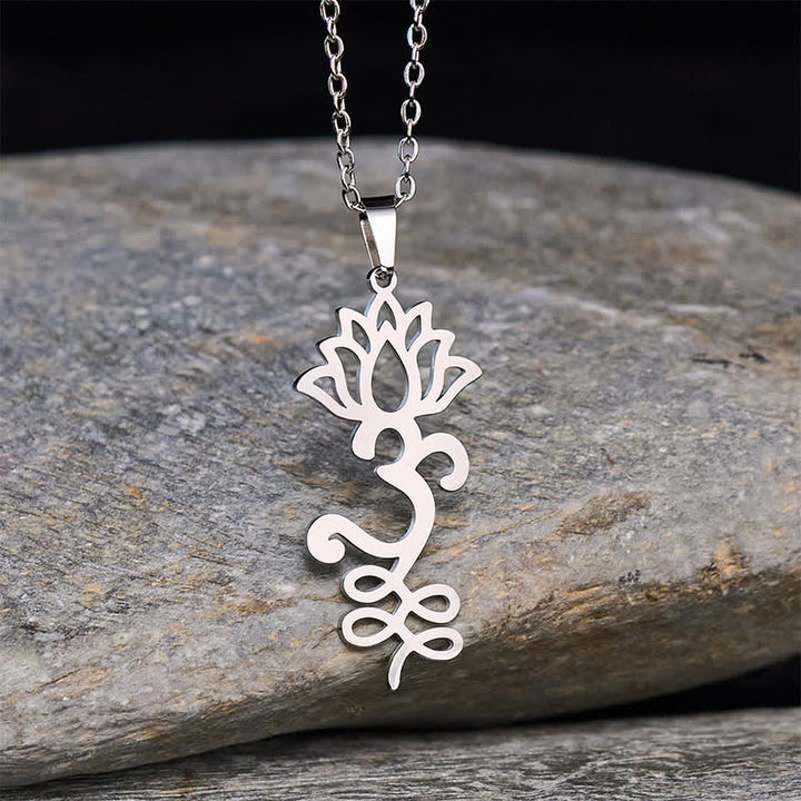 Buddha Stones Titanium Steel Openwork Lotus Pendant Protection Necklace - Silver - image 0
