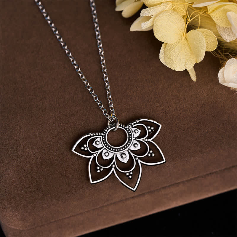 Buddha Stones Mandala Lotus Focus Openwork Layered Petal Pendant Necklace - Silver - image 0
