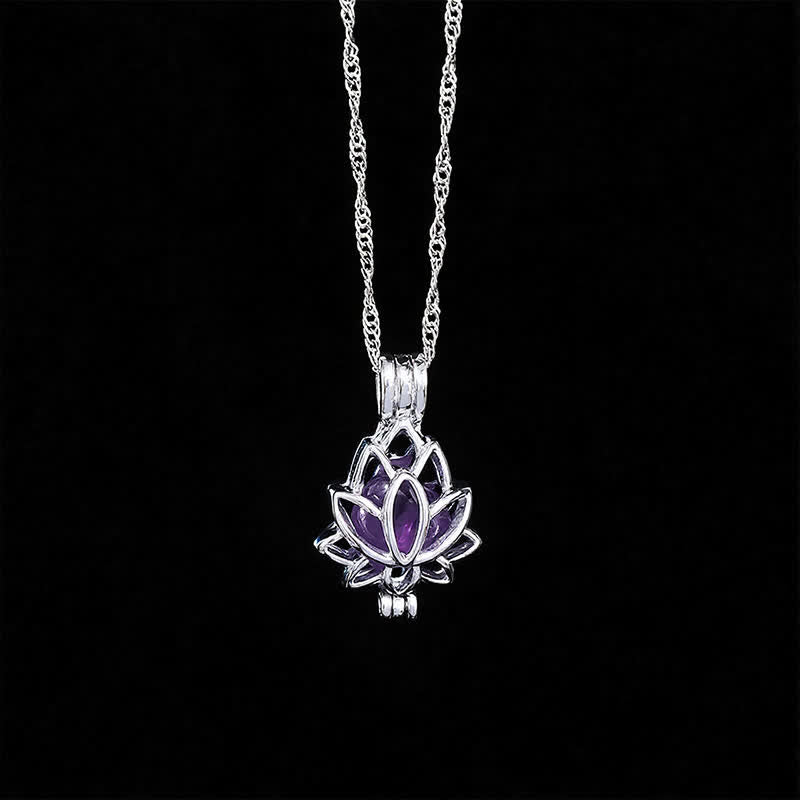 Buddha Stones Amethyst Titanium Steel Cutout Lotus Pendant Balance Necklace - image 1