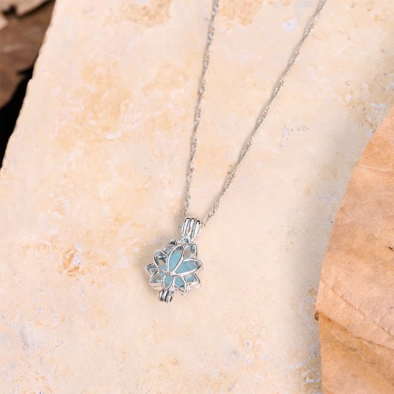 Buddha Stones Aquamarine Titanium Steel Lotus Peace Pendant Necklace - image 1