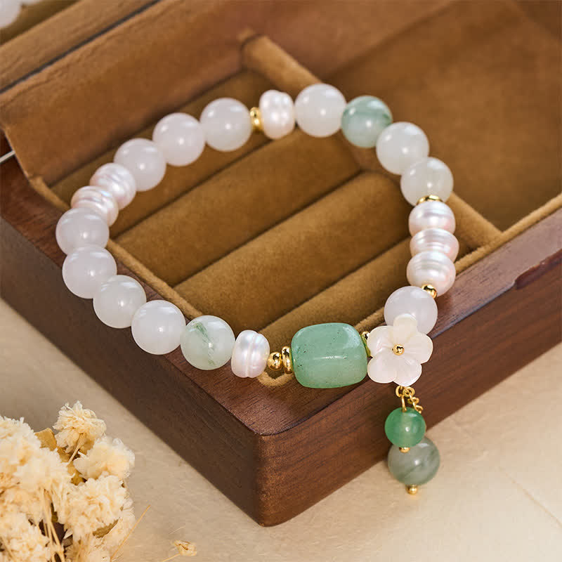 Buddha Stones Freshwater Pearl Green Agate Flower Charm Purity Elastic Bracelet - image 3