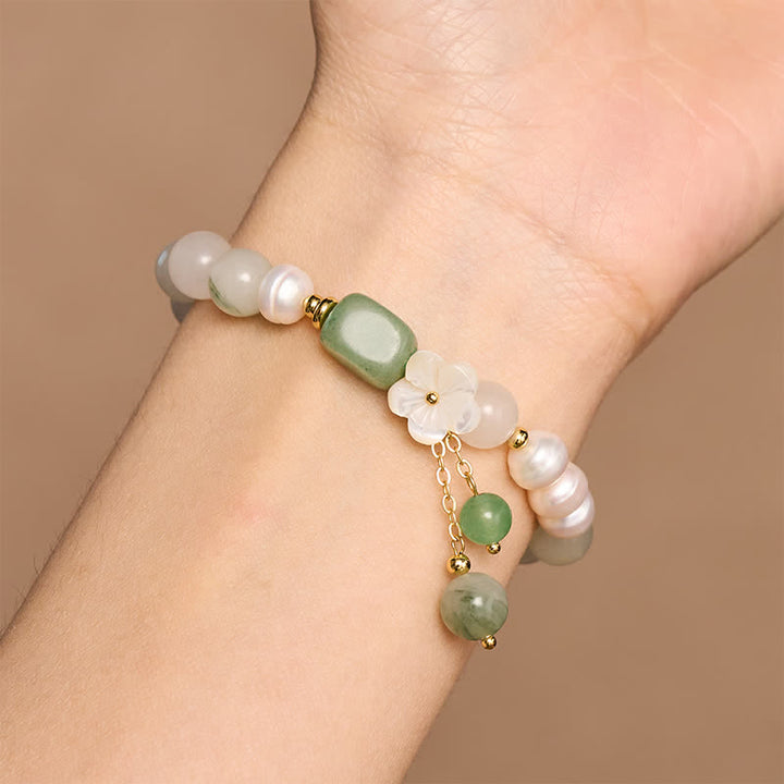 Buddha Stones Freshwater Pearl Green Agate Flower Charm Purity Elastic Bracelet - image 8