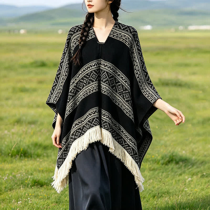 Buddha Stones Fall Winter Boho Geometric Stripe Tassel Women's Shawl - Black - 150*136 - image 0