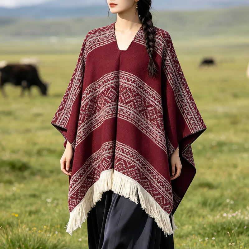Buddha Stones Fall Winter Boho Geometric Stripe Tassel Women's Shawl - Red - 150*136 - image 17