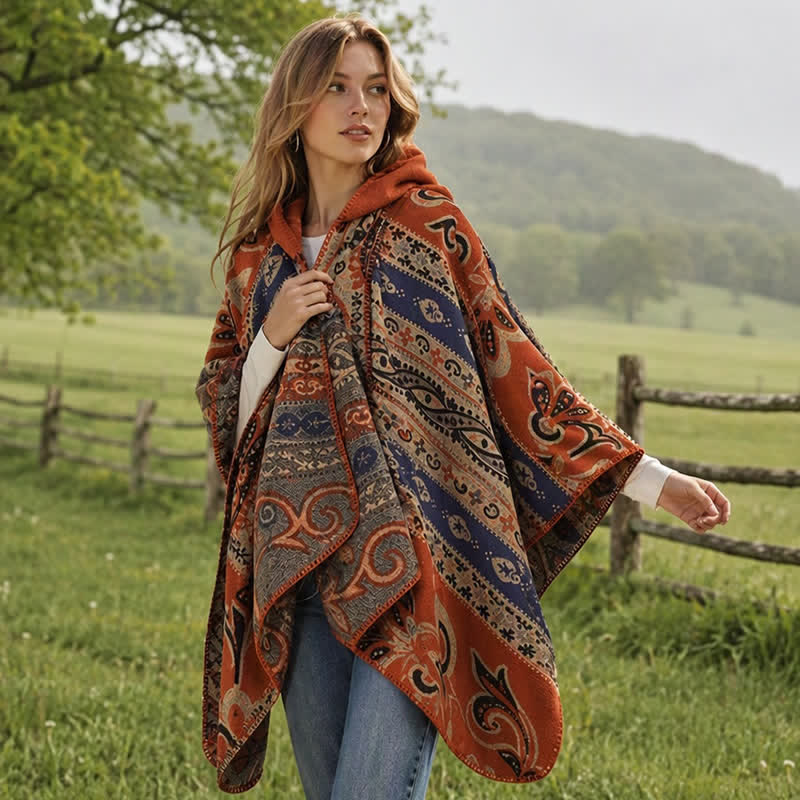 Buddha Stones Fall Winter Hooded Paisley Geometric Boho Women's Shawl - Peru - 135*150CM - image 0