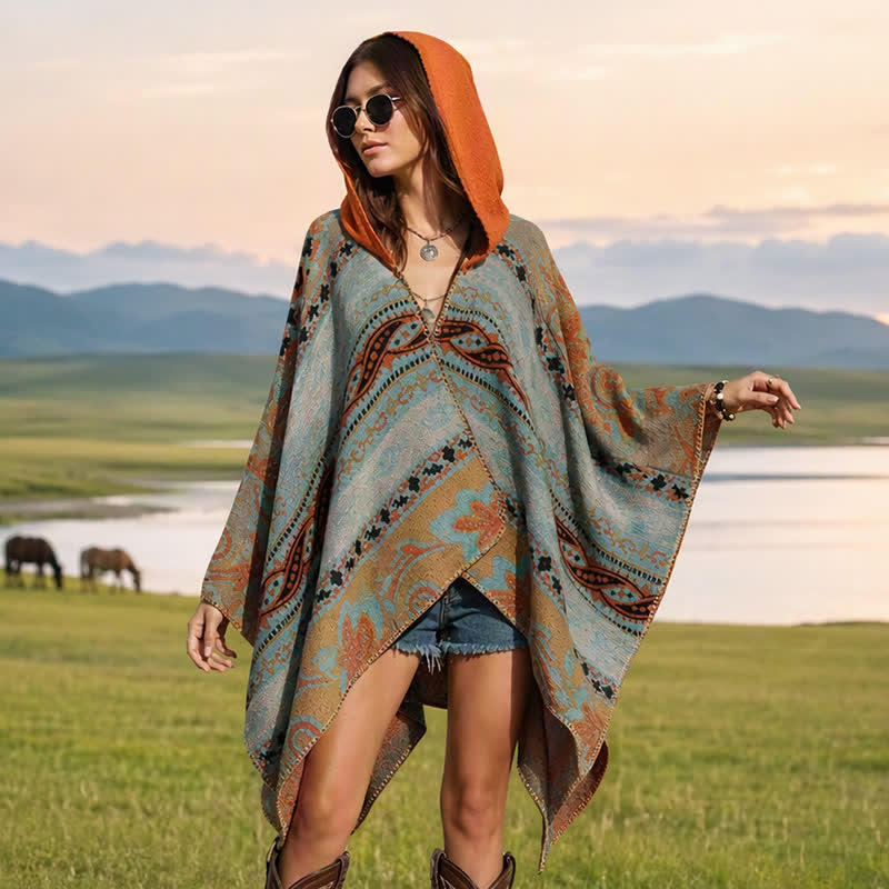 Buddha Stones Fall Winter Hooded Paisley Geometric Boho Women's Shawl - Orange - 135*150CM - image 3