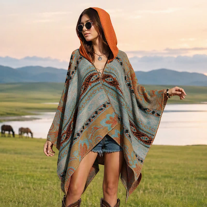 Buddha Stones Fall Winter Hooded Paisley Geometric Boho Women's Shawl - Orange - 135*150CM - image 3