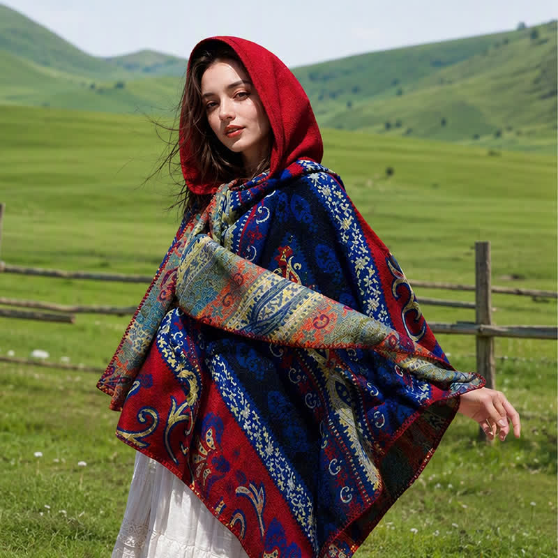 Buddha Stones Fall Winter Hooded Paisley Geometric Boho Women's Shawl - Red - 135*150CM - image 8