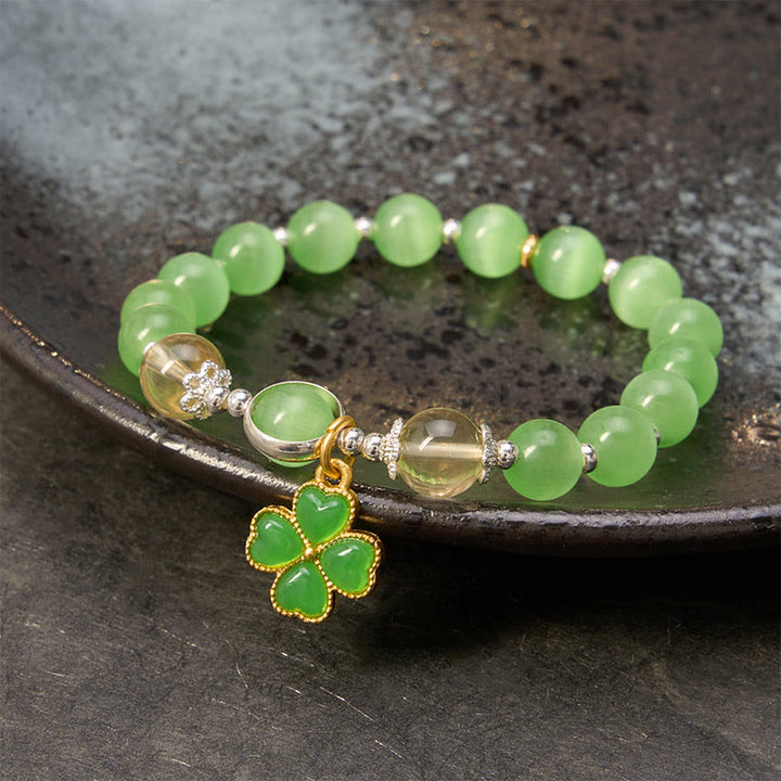 Buddha Stones Cat's Eye Citrine Beads Cyan Jade Four-leaf Clover Support Bracelet - image 8