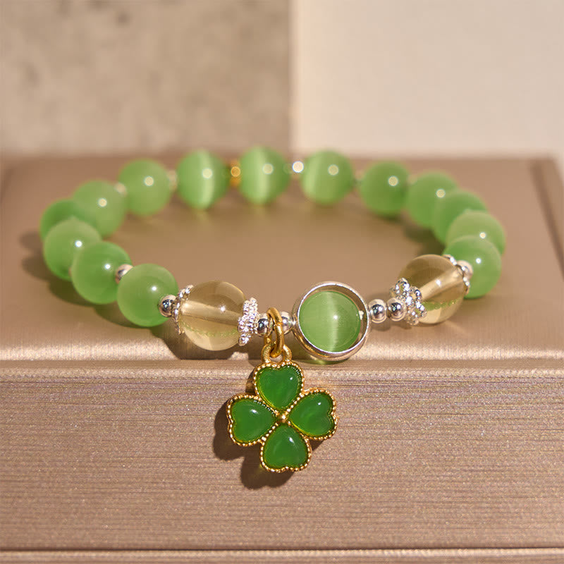 Buddha Stones Cat's Eye Citrine Beads Cyan Jade Four-leaf Clover Support Bracelet - image 1