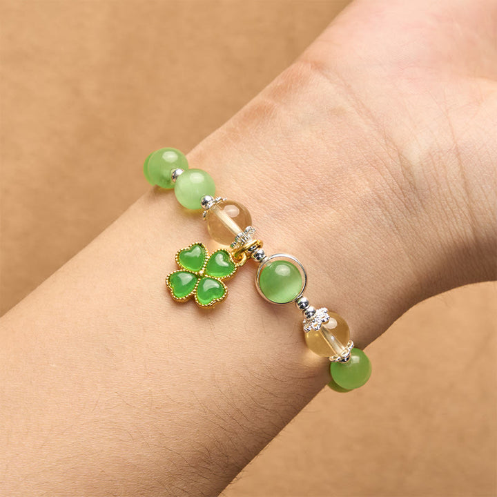 Buddha Stones Cat's Eye Citrine Beads Cyan Jade Four-leaf Clover Support Bracelet - image 7