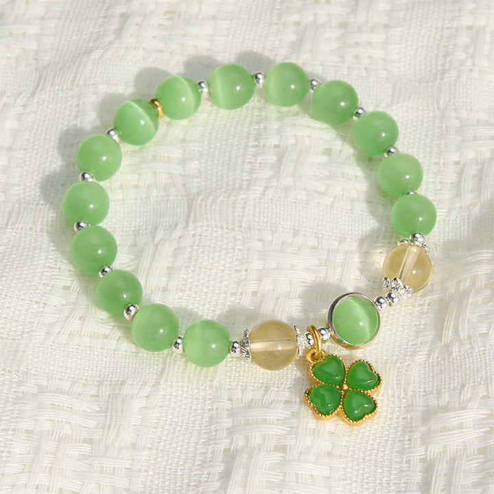 Buddha Stones Cat's Eye Citrine Beads Cyan Jade Four-leaf Clover Support Bracelet - image 3