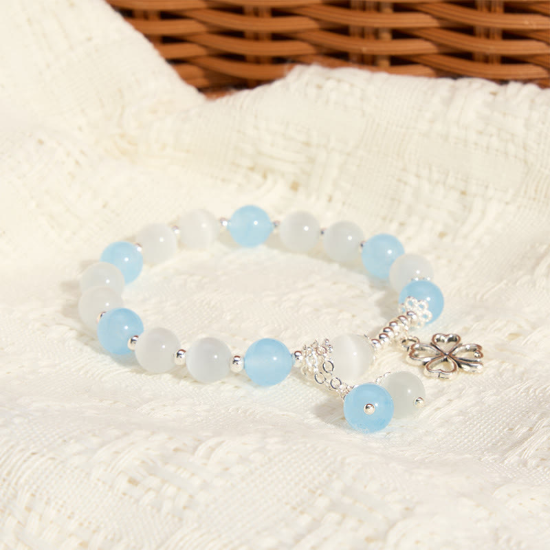 Buddha Stones Aquamarine Cat's Eye Heart-shaped Four-leaf Clover Healing Bracelet - image 3