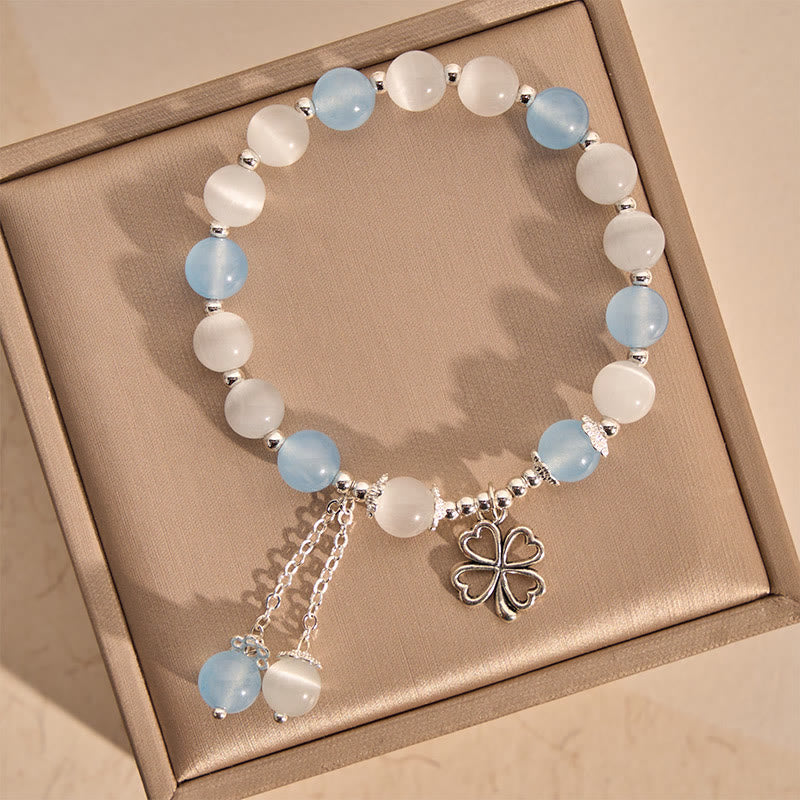 Buddha Stones Aquamarine Cat's Eye Heart-shaped Four-leaf Clover Healing Bracelet - Aquamarine(Wrist Circumference: 5.9–6.3 in / 15–16 cm) - image 0