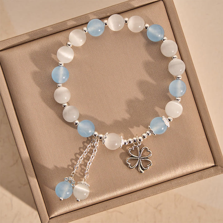 Buddha Stones Aquamarine Cat's Eye Heart-shaped Four-leaf Clover Healing Bracelet - Aquamarine(Wrist Circumference: 5.9–6.3 in / 15–16 cm) - image 0