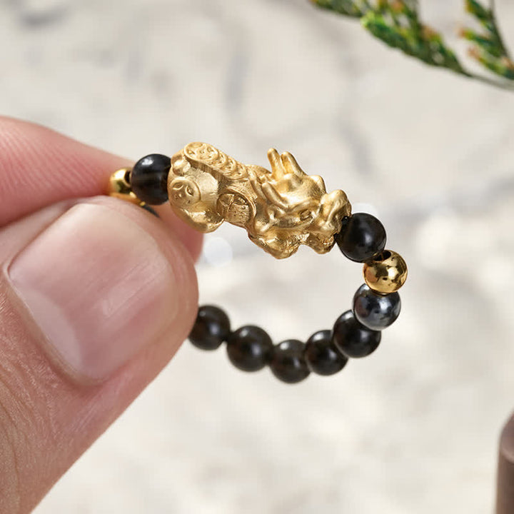 Buddha Stones Black Obsidian Pyrite Hematite Copper Pi Xiu Mini Stretch Beaded Ring for Wealth and Energy - image 18