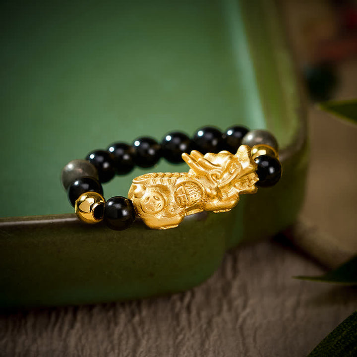 Buddha Stones Black Obsidian Pyrite Hematite Copper Pi Xiu Mini Stretch Beaded Ring for Wealth and Energy - image 2