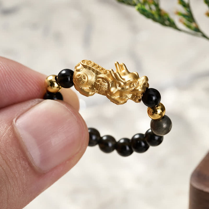 Buddha Stones Black Obsidian Pyrite Hematite Copper Pi Xiu Mini Stretch Beaded Ring for Wealth and Energy - image 4