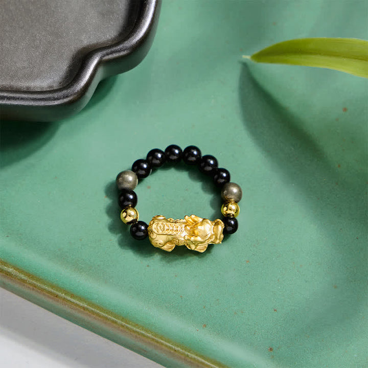 Buddha Stones Black Obsidian Pyrite Hematite Copper Pi Xiu Mini Stretch Beaded Ring for Wealth and Energy - image 11