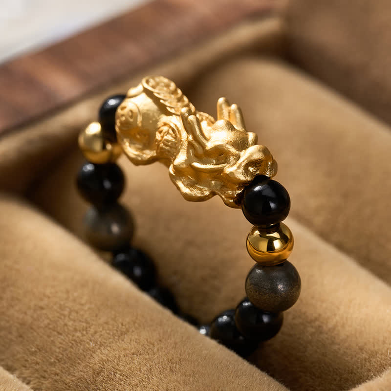 Buddha Stones Black Obsidian Pyrite Hematite Copper Pi Xiu Mini Stretch Beaded Ring for Wealth and Energy - image 12