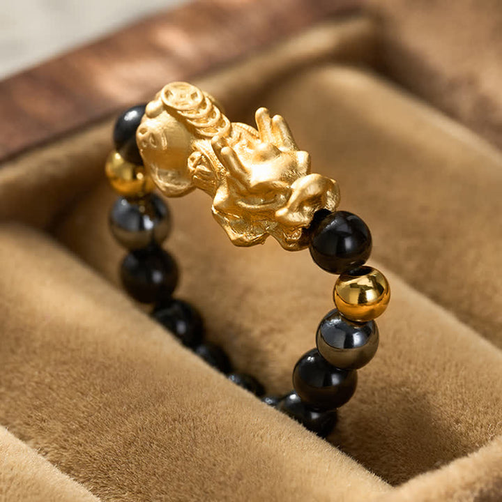 Buddha Stones Black Obsidian Pyrite Hematite Copper Pi Xiu Mini Stretch Beaded Ring for Wealth and Energy - image 21