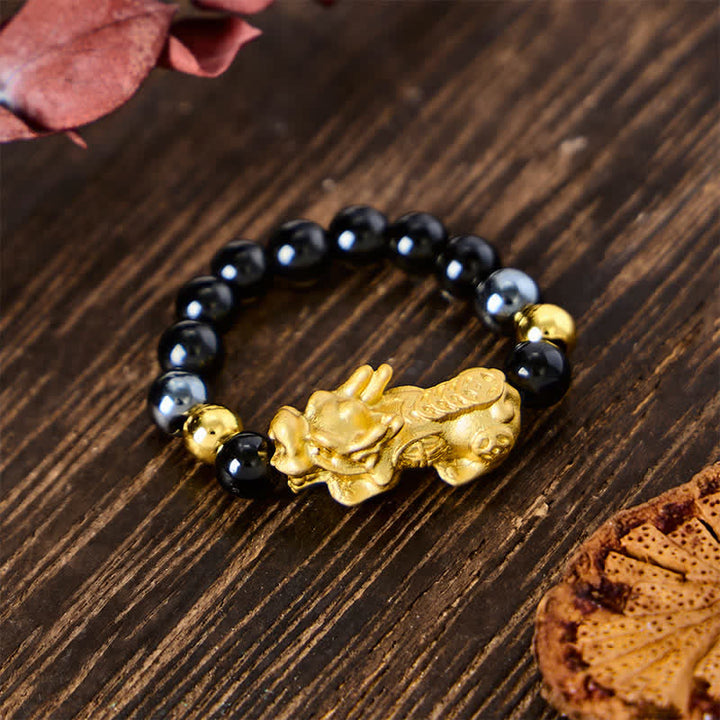 Buddha Stones Black Obsidian Pyrite Hematite Copper Pi Xiu Mini Stretch Beaded Ring for Wealth and Energy - Obsidian + Hematite - Large: Fits US 8–10 - image 14