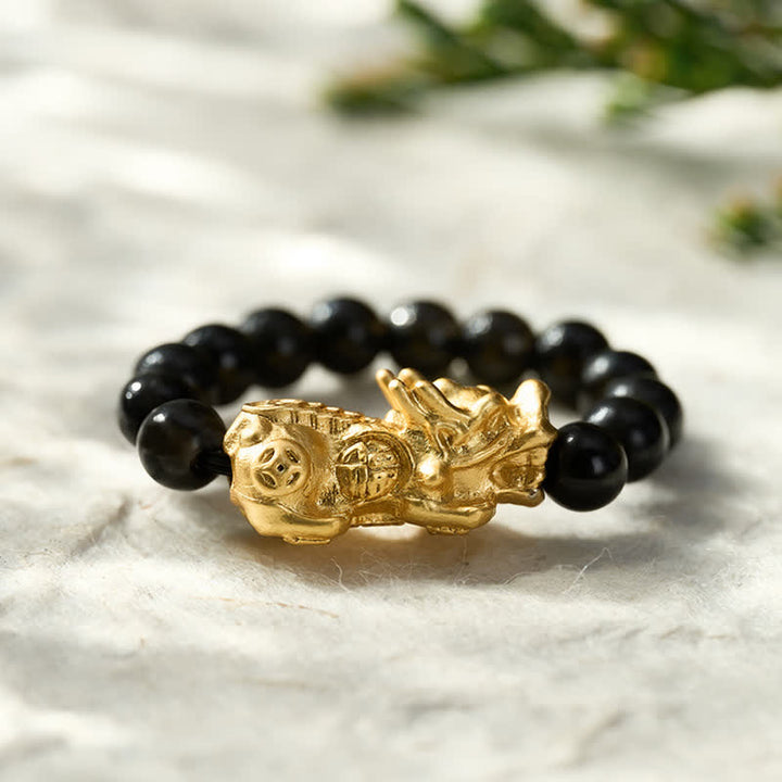 Buddha Stones Black Obsidian Copper Pi Xiu Mini Stretch Beaded Ring for Strength and Energy - image 1