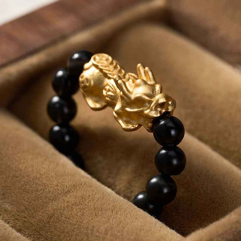 Buddha Stones Black Obsidian Copper Pi Xiu Mini Stretch Beaded Ring for Strength and Energy - image 12