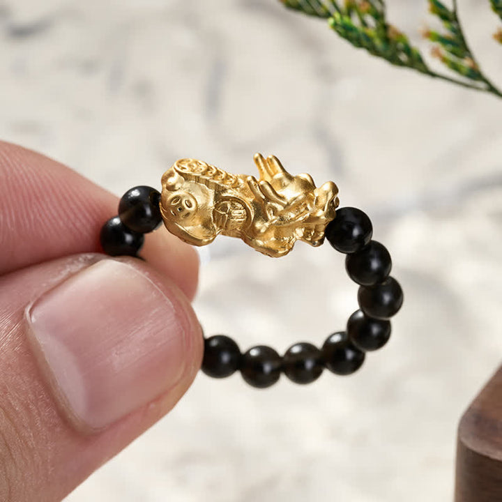 Buddha Stones Black Obsidian Copper Pi Xiu Mini Stretch Beaded Ring for Strength and Energy - image 4