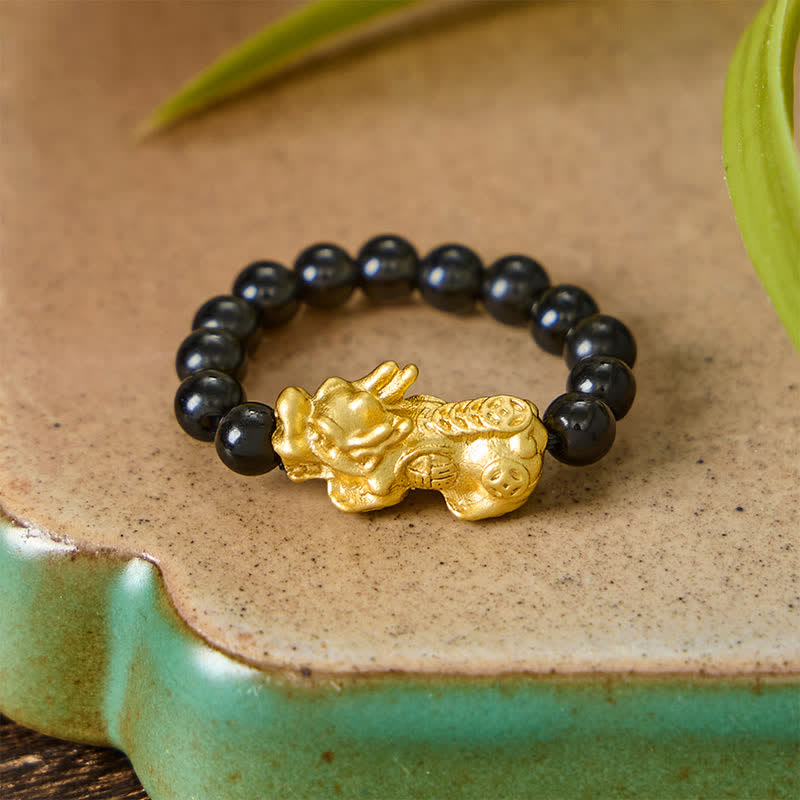 Buddha Stones Black Obsidian Copper Pi Xiu Mini Stretch Beaded Ring for Strength and Energy - image 2