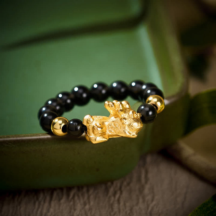 Buddha Stones Black Obsidian Copper Pi Xiu Mini Stretch Beaded Ring for Healing and Energy - Large: Fits US 8–10 - image 0