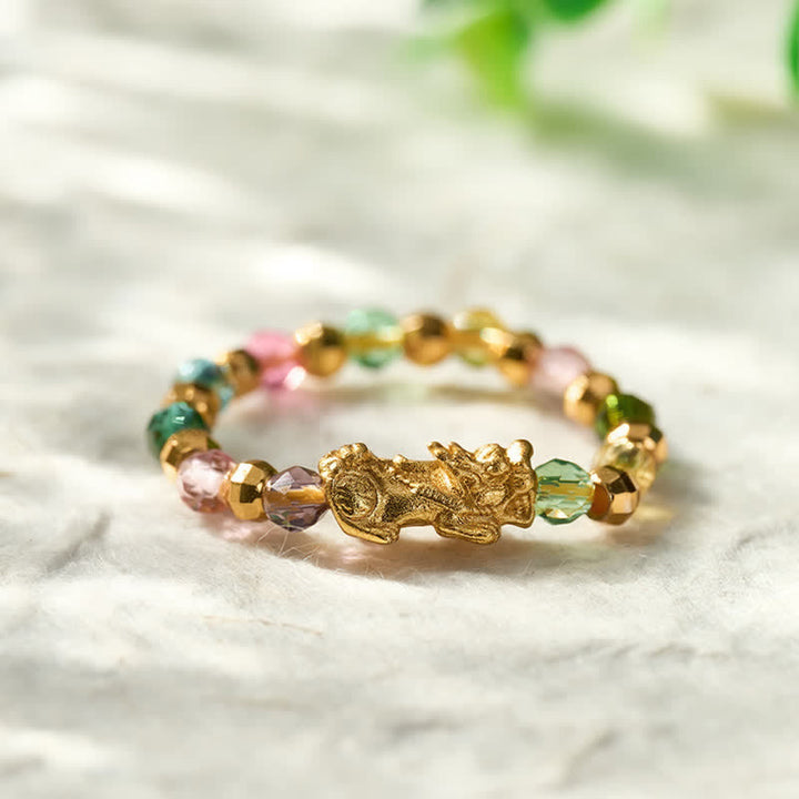 Buddha Stones Multicolor Faceted Copper Pi Xiu Mini Stretch Beaded Ring for Wealth and Energy - Fits US Size 6–8(52-55mm) - image 0