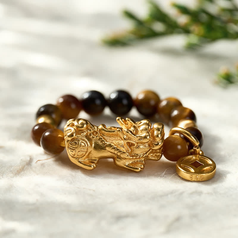 Buddha Stones Tiger Eye Pi Xiu Wealth Chinese Coin Mini Stretch Beaded Ring - image 1