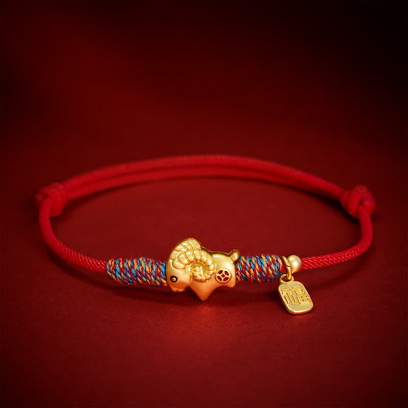 Buddha Stones Year of the Goat Copper Cute Sheep Lamb Fu Character Coins Red String Luck Bracelet - One Copper Coin - Red - image 0