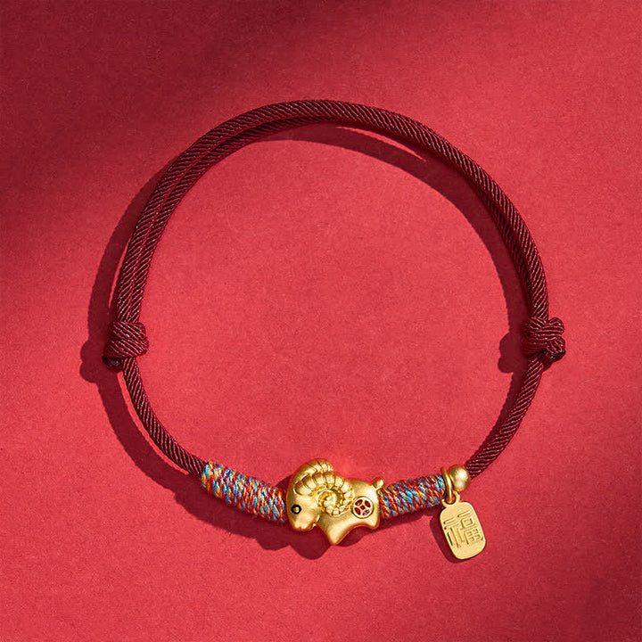 Buddha Stones Year of the Goat Copper Cute Sheep Lamb Fu Character Coins Red String Luck Bracelet - One Copper Coin - Dark Red - image 7